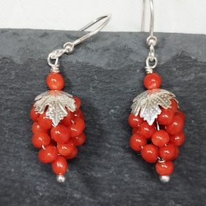 Red coral drop earrings bunches of grapes silver vintage Mediterranean red coral handmade Italian coral jewelry boho chic