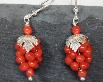 Red coral grape cluster drop earrings, vintage Mediterranean red coral, handmade, boho chic, gift for her
