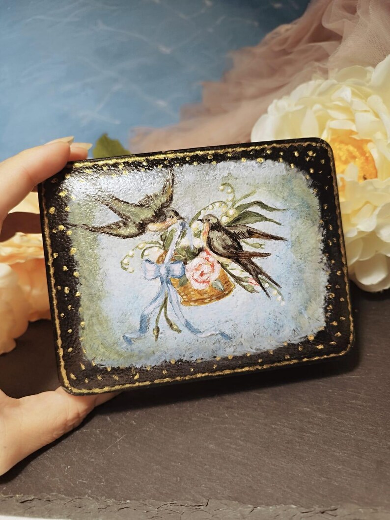 Large Antique Victorian Swallows Jewelry Case Romantic Hand Painted