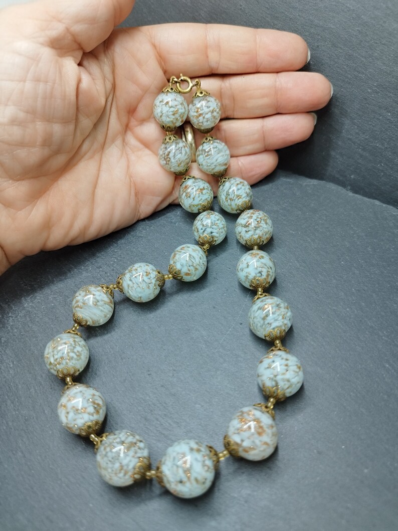 Vintage Murano necklace Venice Murano light blue and gold glass beads handmade Italian jewelry Italian art Renaissance Art Deco glass image 9