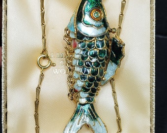 Fish enamel pendant Chinese cloisonne vintage fish jewel movable scales green enamel handmade vintage costume jewelery Edwardian era