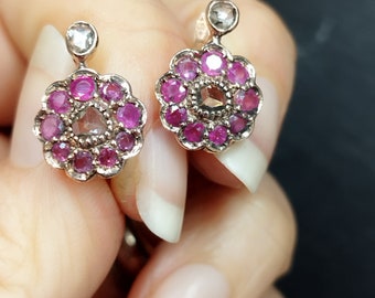 Antique dormeuse earrings gold diamonds old mine cut rose rubies patch earrings rubies diamonds roses crowns Victorian jewelery