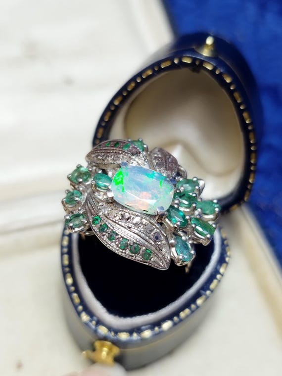 Anello Opale genuini smeraldi vintage floreale taglio vecchia maniera Art Déco stile da cocktail pietre preziose genuine regalo per lei