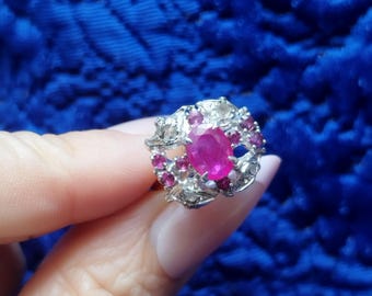 Anillo vintage de turmalina y rubí con diseño floral, talla antigua, anillo de cóctel estilo victoriano, piedras preciosas auténticas, regalo para ella.