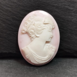 Op de afbeelding: Ovale camee hanger met een profiel van een vrouw, met gedetailleerd haar en kleding. De camee is wit en geplaatst tegen een lichtroze achtergrond. De hanger is waarschijnlijk gemaakt van porselein of een vergelijkbaar materiaal.