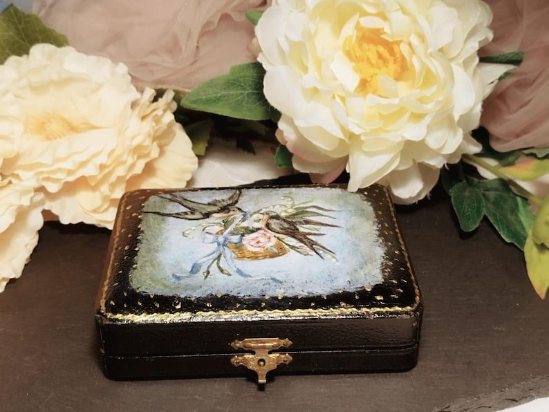 Large Antique Victorian Swallows Jewelry Case Romantic Hand Painted