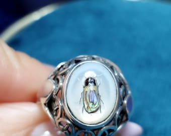 Ring met Shibayama-insect en parelmoer, ingelegd met antiek zilver, vintage cadeau voor hem en haar.