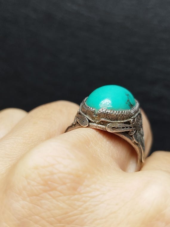 s-l400.jpg Vintage Sterling Silver Filigree Turquoise Cabochon Ring main image 1