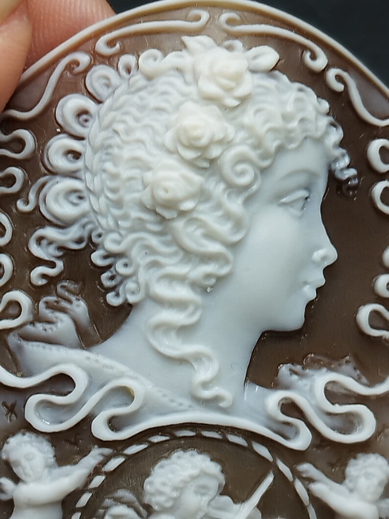 May include: A cameo featuring a woman's profile with curly hair and a floral crown. The cameo is carved from white shell and set in a brown shell background.