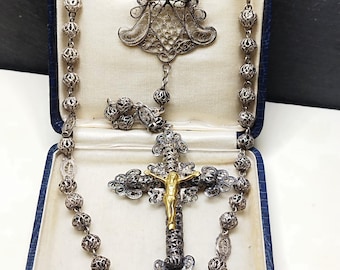 Grand chapelet antique en filigrane d&#39;argent, perles du XIXe siècle, Espagne, époque Isabelle, précieux collier religieux de collection rare