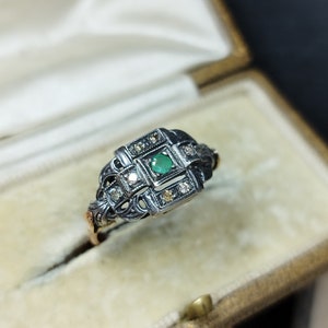 antique emerald ring gold diamonds fancy champagne engagement gift girl Victorian Edwardian style Art Deco jewelry handmade