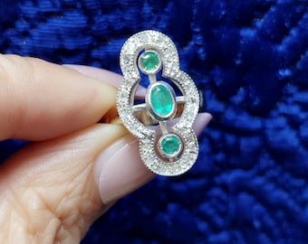 Genuine emerald ring with old-fashioned cut diamonds, Art Deco Victorian style, gift for her