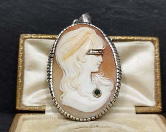 Vintage Cameo brooch and pendant silver and gold Cameo Fortune hand engraved Lady Luck chiseled emeralds artistic collectible rare antique