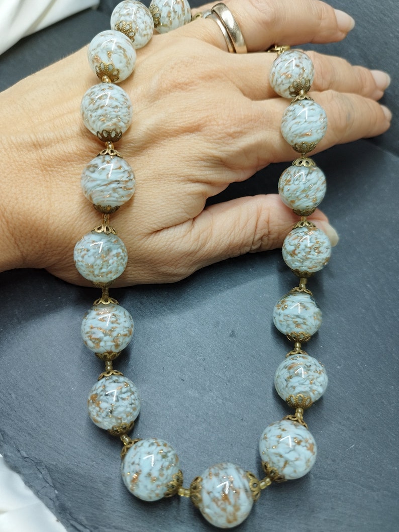 Vintage Murano necklace Venice Murano light blue and gold glass beads handmade Italian jewelry Italian art Renaissance Art Deco glass image 10