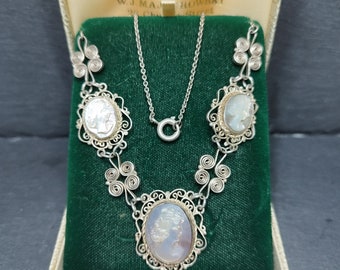 Collana antica Cammei argento 800 madreperla filigrana d'argento vintage Cameo italiano gioielli Gran Tour secolo XX Edoardiana artigianali