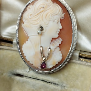 Peut inclure: Un pendentif camée représentant le profil d'une femme sculpté dans une coquille, monté dans un cadre en argent avec une chaîne délicate et une pierre précieuse rose.