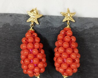 Boucles d’oreilles pendantes vintage corail rouge boucles d’oreilles goutte corail méditerranéen tissé à la main argent et corail boho chic style marin