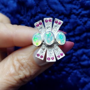 Anillo de ópalo auténtico, estilo vintage, talla antigua, rubíes, estilo Art Déco victoriano, cóctel, piedras preciosas auténticas, regalo para ella.