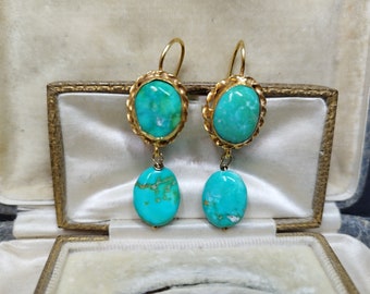 Boucles d'oreilles pendantes turquoise vintage doré argent artisanal boho chic turquoise véritables pierres précieuses naturelles bijoux vintage