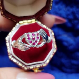 Vintage Claddagh ring, heart, genuine rubies, old-fashioned cut diamonds, gift for her, romantic Victorian style