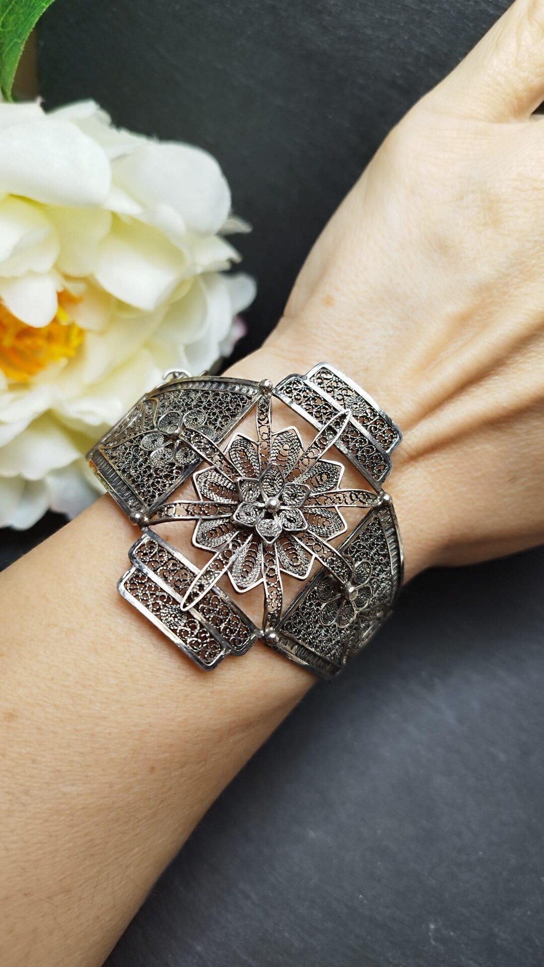 Minerva Rigit Antique Rigid Bracelet in Filigree Silver With Central Flower, Minerva ...