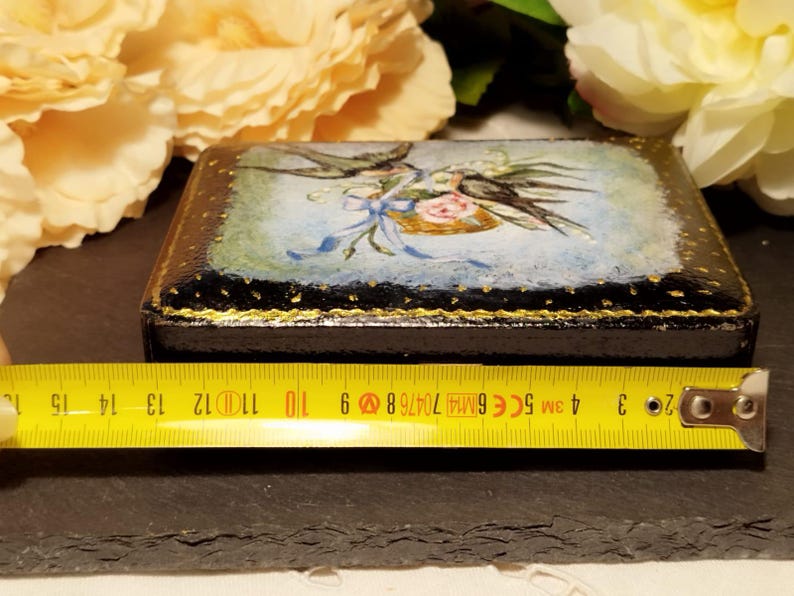 Large Antique Victorian Swallows Jewelry Case Romantic Hand Painted