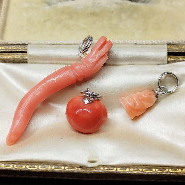 Véritable Coral Charms pendentif vintage charmes bouddha serpent pomme Corail Rouge Rose boho chic ère victorienne édouardienne porte-bonheur