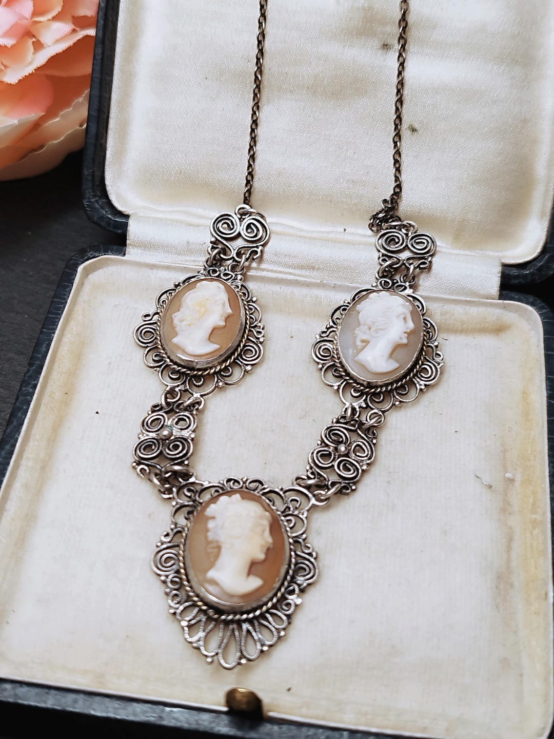 Vintage 1940s Silver Filigree Cameo Necklace Gift for Her Romantic