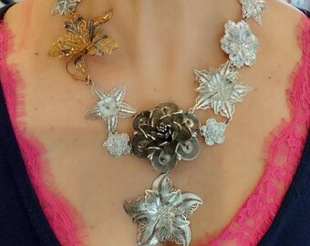 Large Vintage Floral Filigree Necklace One-of-a-kind Romantic Silver Tone Lace Necklace Boho Chic Floral Bridal Collectible