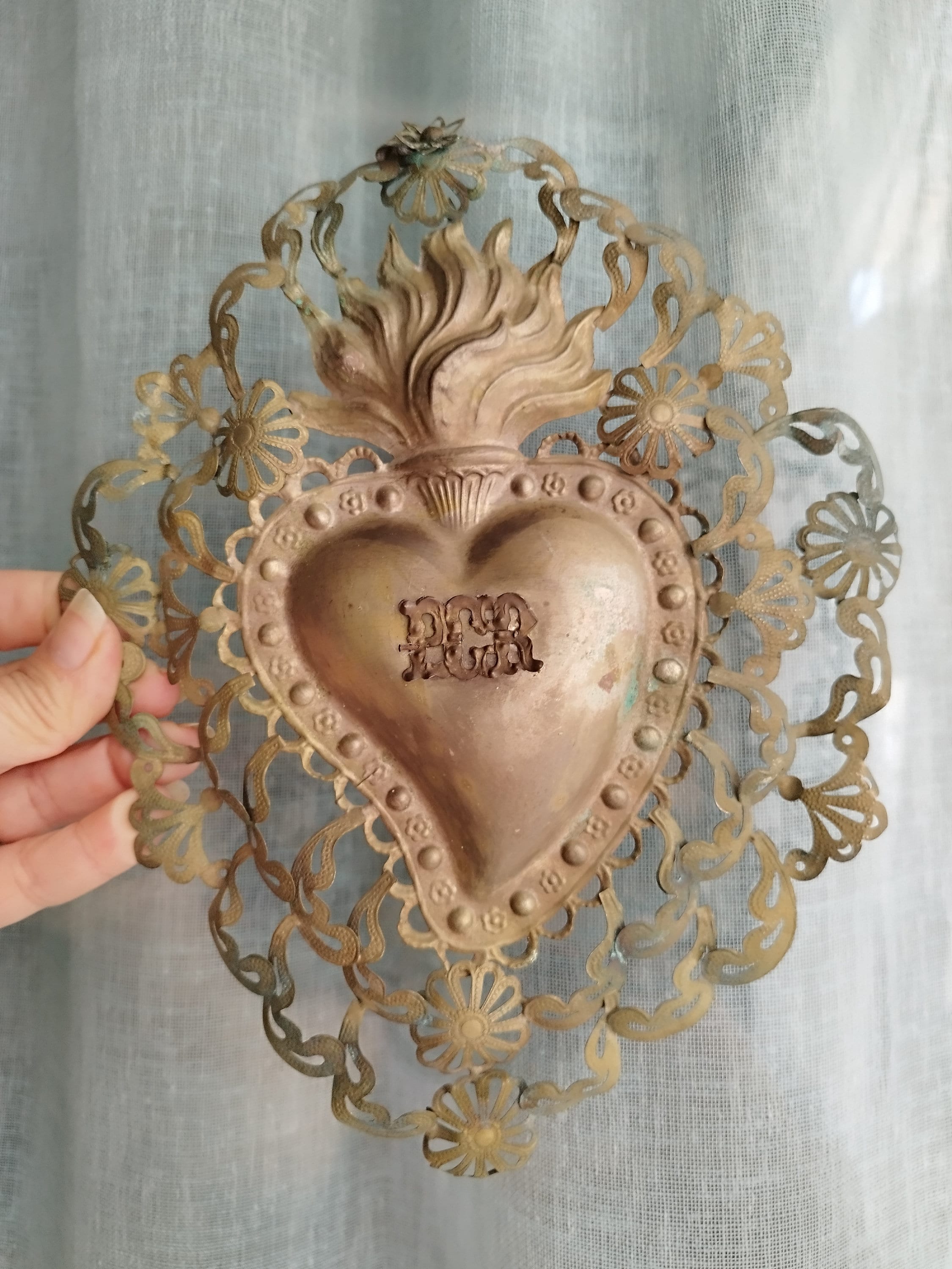 Large Sacred Heart Ex Voto Antique Grace Received 800 Silver