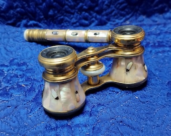 Shibayama insect antique opera binoculars from the 1900s, mother-of-pearl inlays with natural stones, binoculars with telescopic handle, collector's gift