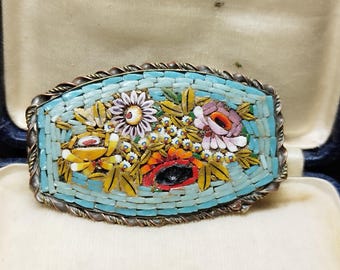 Broche de micromosaico floral azul antigo Murano Veneza Itália ano '1900 feito à mão micromosaico millefiori boho chique presente para ela