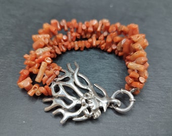 bracelet argent corail rouge ethnique brut style marin crabe argenté fait main vintage boho chic artisanal style mer tropicale
