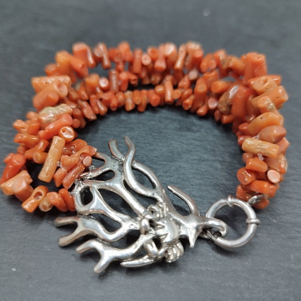 raw ethnic red coral silver bracelet marine style silver crab handmade vintage boho chic handcrafted tropical sea style