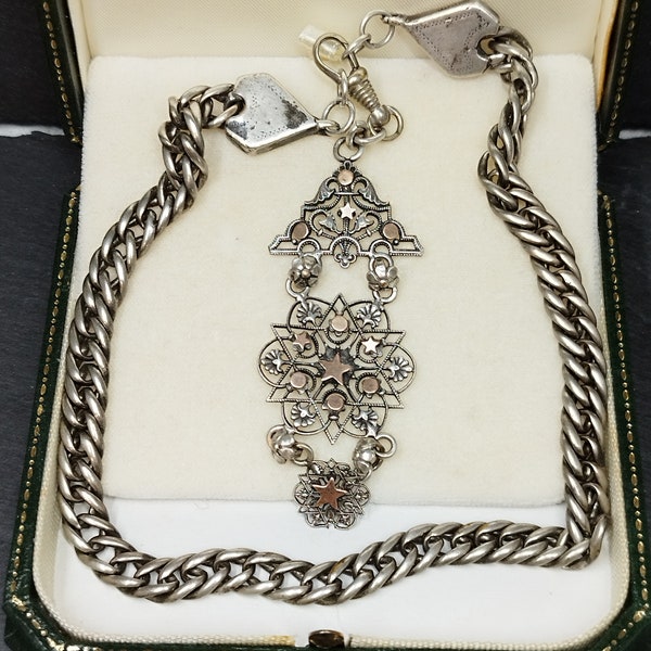 Chaîne de montre de poche châtelaine antique 19ème siècle pendentif étoile en argent or argent époque victorienne fait à la main collection rare