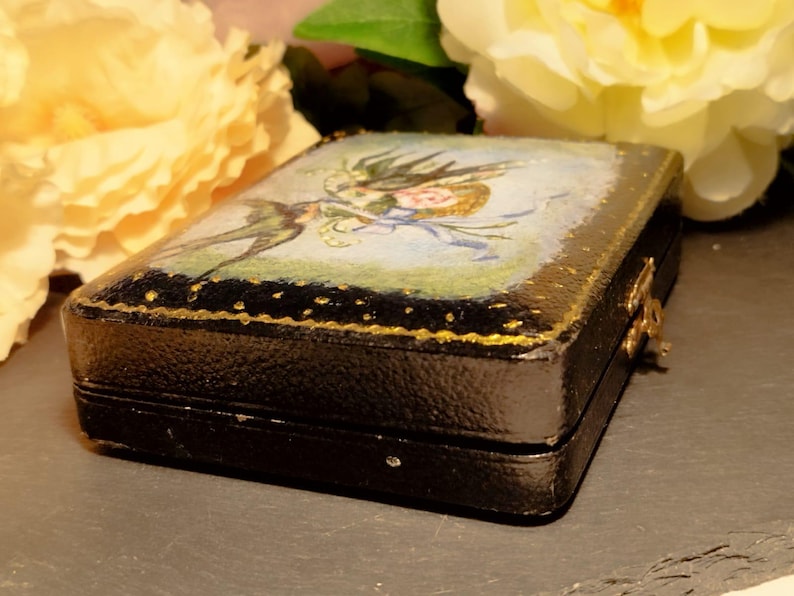 Large Antique Victorian Swallows Jewelry Case Romantic Hand Painted