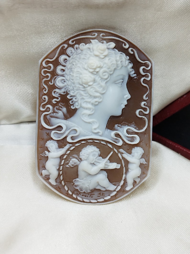 Romantic Angel Cameo Hand Engraved Vintage Italian Renaissance Art Engraving Loose Angel Cameo Woman Profile Putti Gift for Her image 1