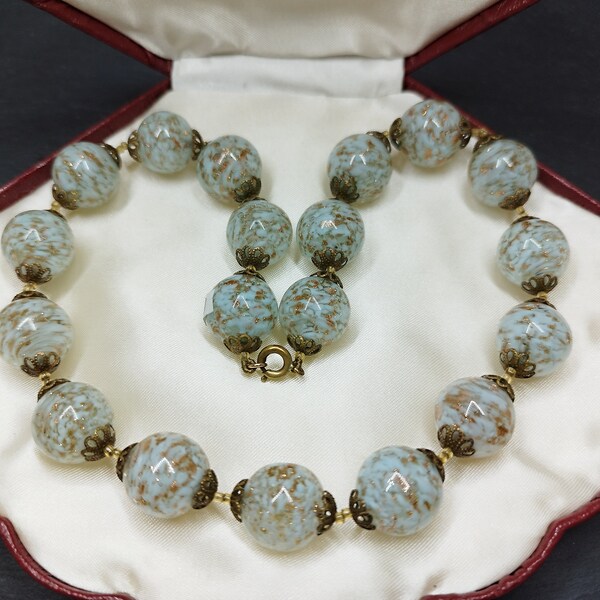 Vintage Murano necklace Venice Murano light blue and gold glass beads handmade Italian jewelry Italian art Renaissance Art Deco glass