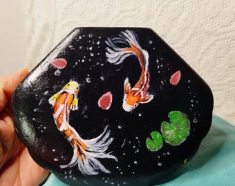 Carp Water Lilies Jewelry Box Shell Antique Hand Painted Miniature Early 20th Century Gift Box for Her and Him