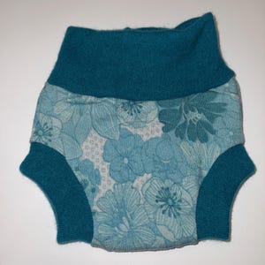 Medium 6-18M 15-22 lb Upcycled Pure Wool Diaper Cover with Felted Liner - Blues Aqua floral