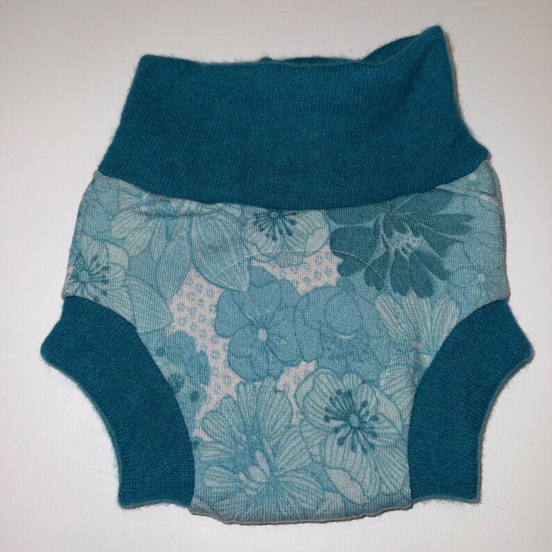 Medium 6-18M 15-22 lb Upcycled Pure Wool Diaper Cover with Felted Liner - Blues Aqua floral