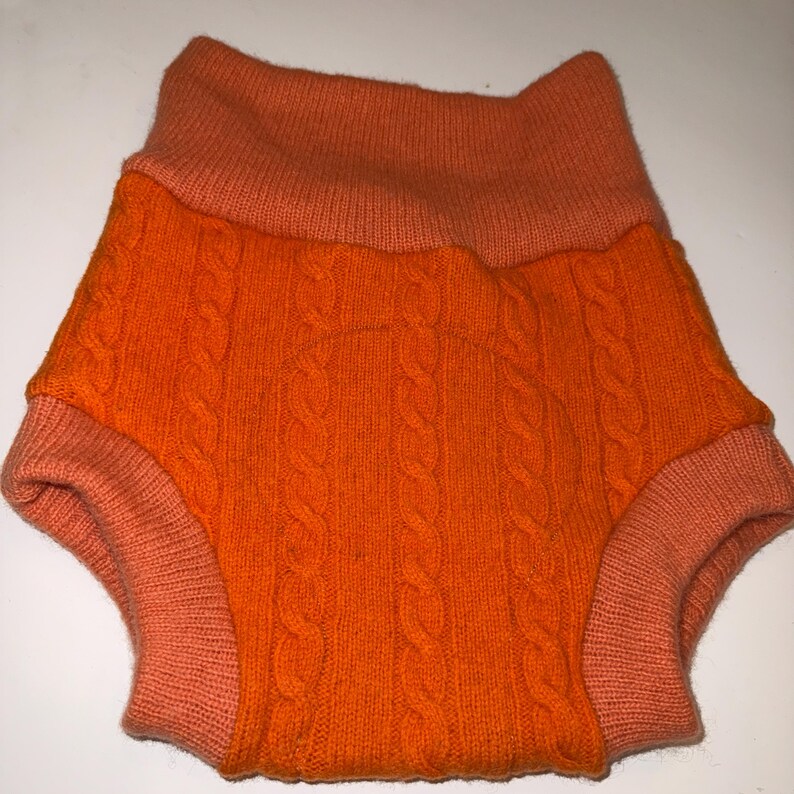 Large 12-24M 18-28 lb Upcycled Wool Diaper Cover with Felted Liner - Assorted Colors Orange cable