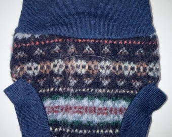 XS Preemie 3M 5-10 lb Repurposed Pure Wool Diaper Cover with Wet Zone - Nordic Fair Isle Prints