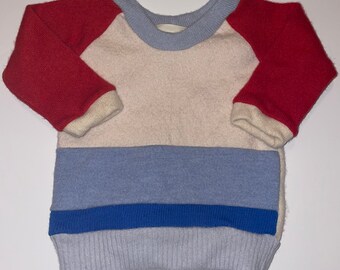 All American Red White & Blue FrankenSweater - Upcycled 100% Cashmere/Merino Wool Baby Sweater Top T-shirt - Size 9-12