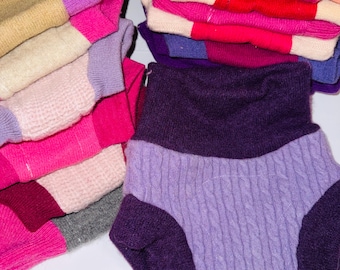 XS Preemie/Newborn - 3M 5-10 lbs Repurposed Wool Diaper Cover with Felted Liner - Pinks & Purples