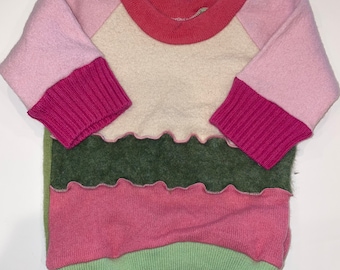 Watermelon Pink Green Ivory - Upcycled 100% Cashmere Baby Sweater Top T-shirt - Size 6-12M