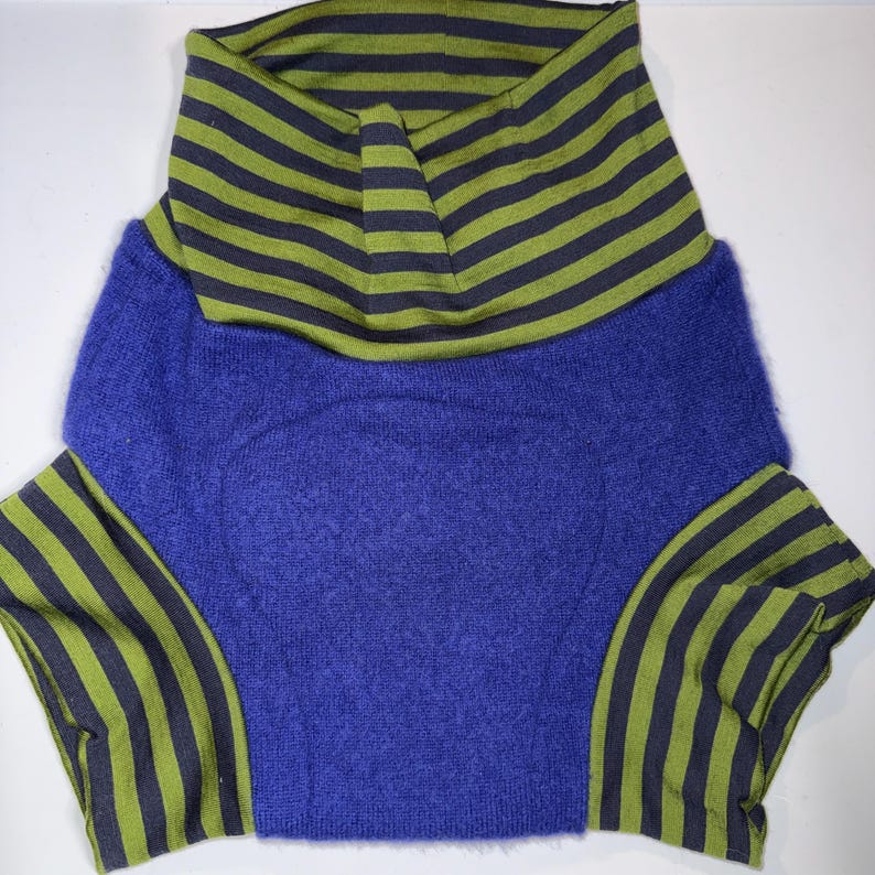 Large 12-24M 18-28 lb Repurposed Pure Wool Diaper Cover with Felted Liner - Blues W/ stripes