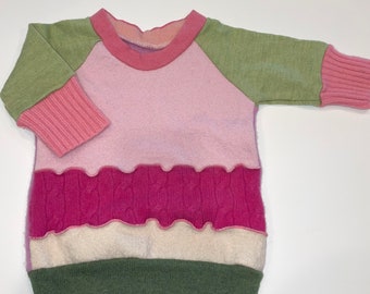 FrankenSweater in Green Pink Watermelon - Upcycled 100% Cashmere and Merino Wool Baby Sweater Top T-shirt - Size 9-12M