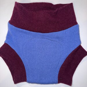 May include: A two-tone baby diaper cover. The top band and leg openings are a deep burgundy color, while the main body is a light blue. The diaper cover is made of a soft, knitted material.