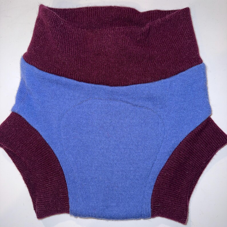 May include: A two-tone baby diaper cover. The top band and leg openings are a deep burgundy color, while the main body is a light blue. The diaper cover is made of a soft, knitted material.